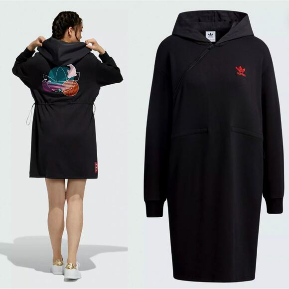 Adidas Womans S Oversized CHINESE LUNAR NEW YEAR Sweatshirt DRESS Hoodie Black - Picture 1 of 9